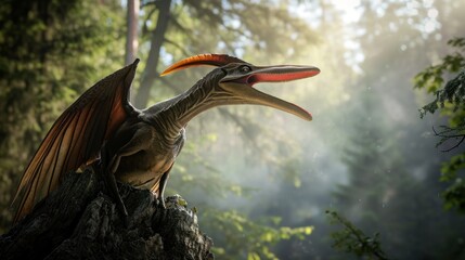 Flying dinosaur, Pterodactyl, rest on tree in prehistoric forest. Photorealistic.