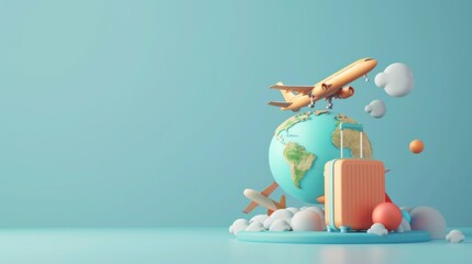 travel holiday conceptual 3D rendering. light image with 3D rendering of an airplane and suitcase and globe.