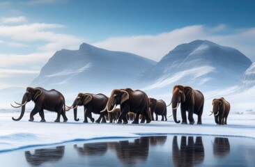 Family of prehistoric mammoths near a lake in the wild with snow and mountains in the background