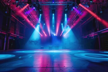 dance floor in a big hall in the nightclub or in the concerthall. Colored bright lights from the stage - obrazy, fototapety, plakaty