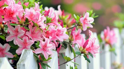 Keuken spatwand met foto A picturesque snapshot of a vibrant pink azalea bush in bloom, gracefully leaning over a white picket fence, symbolizing the beauty of domestic gardens. © mashimara