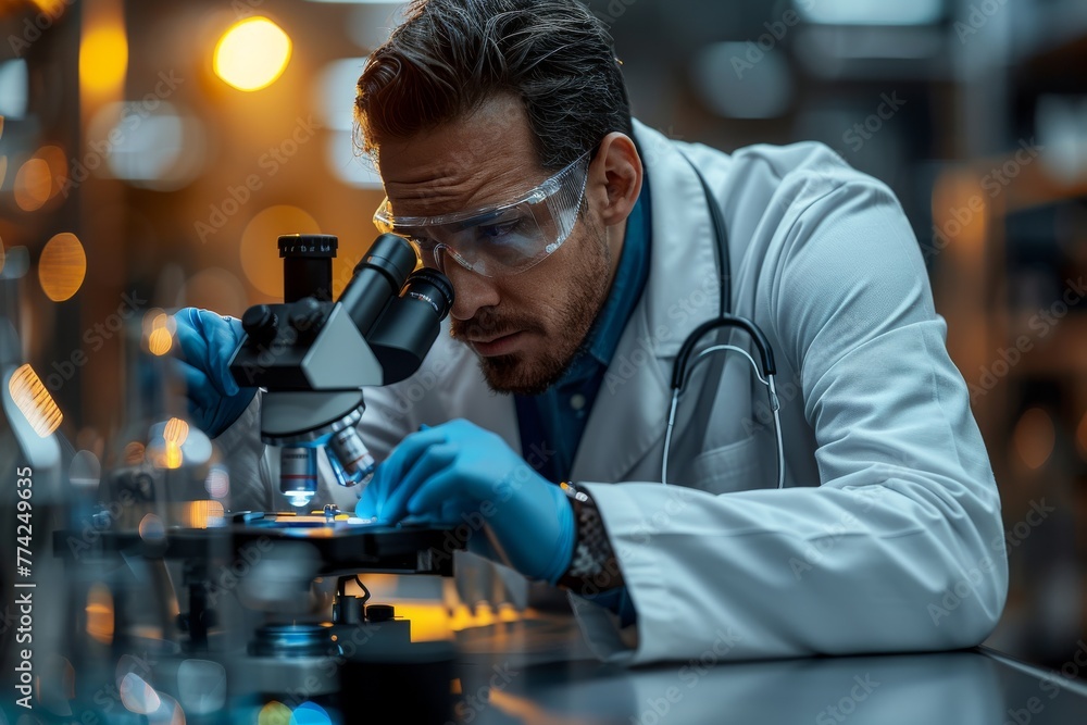 Poster a dedicated scientist is deeply engaged in research, utilizing a high-tech microscope within a labor