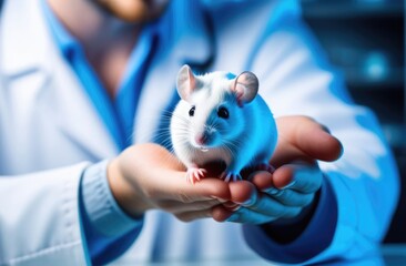 Close-up. White rat in the doctor's arms. Science and veterinary concept