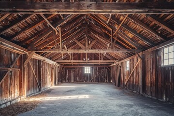 indoor view of an old wooden barn - obrazy, fototapety, plakaty