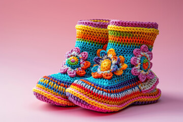 Fototapeta premium Colored crochet baby boots with Irish lace