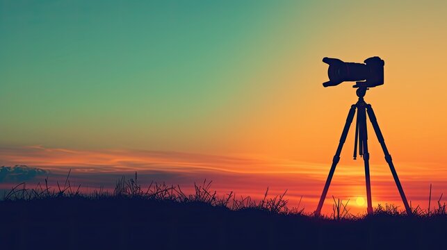 Paint a visual of the silhouette of a camera mounted on a tripod, set against the smooth gradient of orange and blue dawn sky