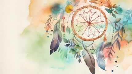 Watercolor artwork, dreamcatcher as the focal point, surrounded by flowers and feathers, symbolizing peace and creativity.