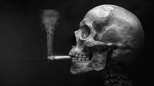 human skull smoking cigarette, addiction, cancer and death