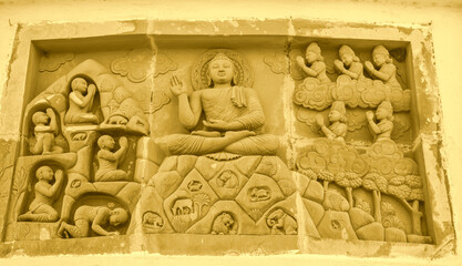 Stone wall carving at Buddha Pagoda Shanti Stupa, Dhaulagiri Orissa, India
