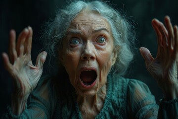 Close up of an elderly woman with hands up and mouth open in a surprised expression - obrazy, fototapety, plakaty