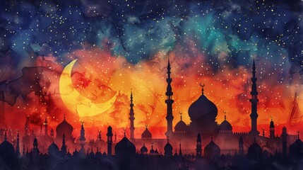 Ethereal watercolor skyline of an Eastern city with silhouetted mosques and minarets under a starry sky transitioning from twilight to night. Perfect for themes of travel, culture, religion, and art.