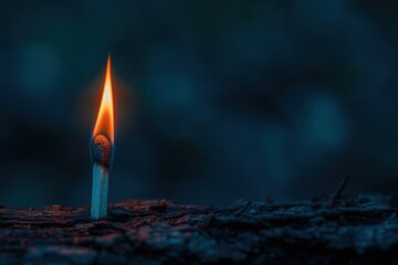 A macro shot of a solitary match with a bright flame standing against a moody, dark blue background. - obrazy, fototapety, plakaty