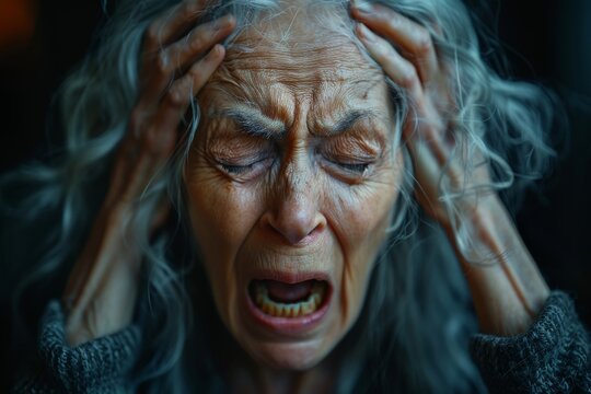 The image shows a senior woman with eyes closed, expressing deep sorrow