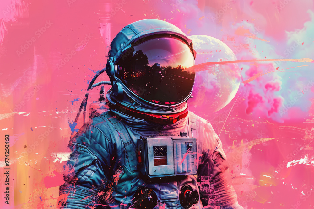 Poster astronaut in a spacesuit in pop art style