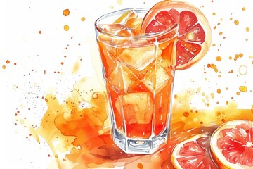 A playful illustration of a classic grapefruit cocktail, with the glass spilling over to show the effervescence and freshness, perfect for a beach bar menu illustration, white background
