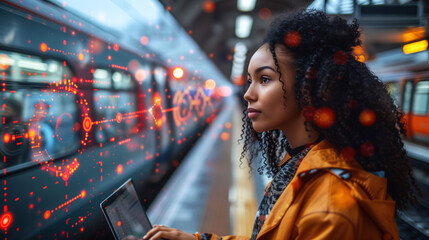 Thoughtful woman waiting at train station with digital interface overlay on the scene.
