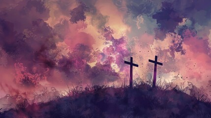 Silhouette of crosses on a hill with a dramatic sky in the background - obrazy, fototapety, plakaty