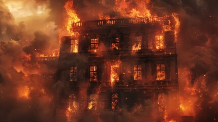 Close-up of a building facade, with flames visible through broken windows and smoke pouring out