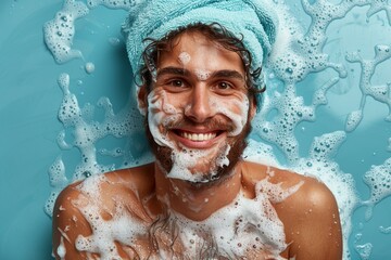 Fototapeta na wymiar Happy man submerged in a bubble bath with a towel on his head smiling cheerfully