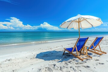 lounge chairs on the beach, beach chair and umbrella