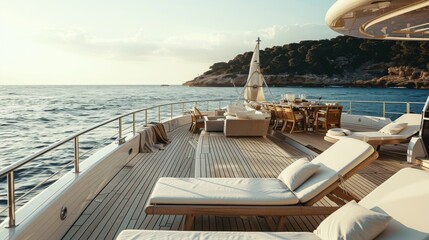 Close-up shot of a luxury motor yachts deck, with sun loungers and a dining area set up for al...