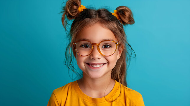 Portrait of a smiling young girl with glasses and double buns hairstyle on a blue background.
