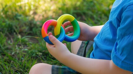A young child in a blue shirt plays with colorful infinity symbol in a garden, representing learning, development, and autism awareness.