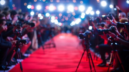 Red carpet at an awards ceremony, with photographers and fans lining the sides, capturing the excitement and anticipation of the event - obrazy, fototapety, plakaty