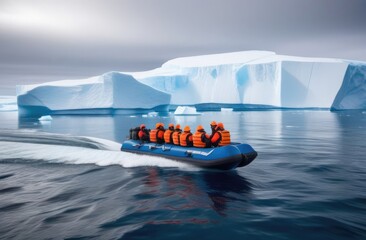 A group of people in orange vests on an inflatable blue boat floats among glaciers in the Atlantic. Global warming concept - obrazy, fototapety, plakaty