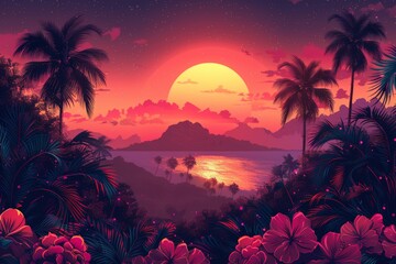 In this vibrant retro style, tropical palm tree silhouettes, an island, leaves, and flowers repeat. Modern art perfect for summer designs, prints, exotic wallpaper, fabrics and more. - obrazy, fototapety, plakaty