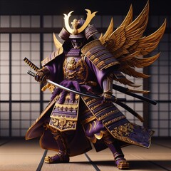 A Dramatic and Fantastical 3D Model Of A Purple and Gold Japanese Samurai with Ornate Traditional Armour and Samurai Swords In A Dojo Background Scene