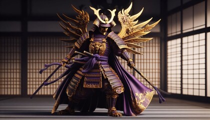 A Dramatic and Fantastical 3D Model Of A Purple and Gold Japanese Samurai with Ornate Traditional Armour and Samurai Swords In A Dojo Background Scene