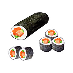 Hand drawn vector illustration of Kimbap or Korean Seaweed Rice Rolls
