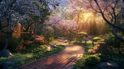 Japanese garden, the soft light of the sun casts long shadows on the brick path lined with...