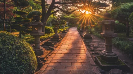 Fototapeten Japanese garden, the soft light of the sun casts long shadows on the brick path lined with traditional lanterns and bonsai trees © AlfaSmart