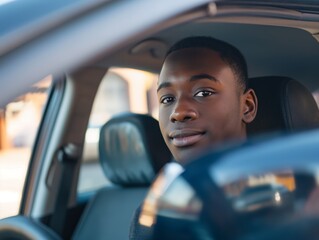 A confident student male driver smiling before starting a driving school lesson