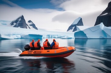 A group of scientists on an inflatable orange boat floats among glaciers in the Atlantic - obrazy, fototapety, plakaty