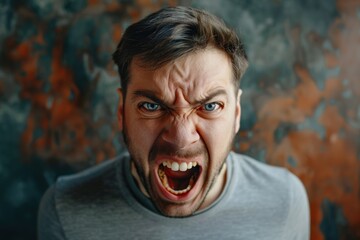 man is yelling with a fully open mouth