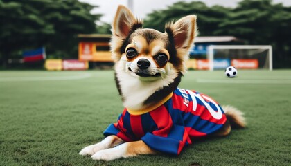 Cute Adorable Chihuahua Puppy Posing In A Soccer Jersey With A Soccer Ball On A Baseball Field  - obrazy, fototapety, plakaty