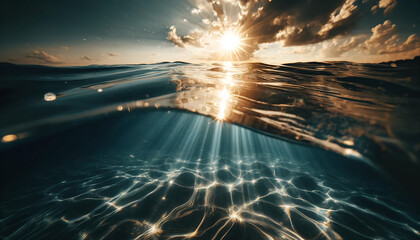 Radiant sunbeams pierce the ocean, highlighting the mesmerizing patterns of light in the waters below - obrazy, fototapety, plakaty