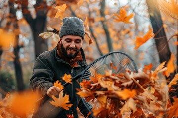 man with a fan rake picking up fallen leaves in autumn - obrazy, fototapety, plakaty