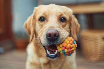 Funny dog with a toy ball in his mouth