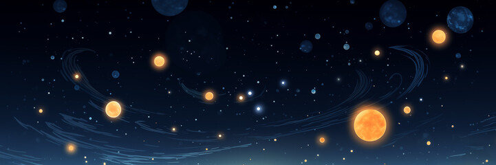 Obraz na płótnie Canvas Planets and stars in dark space, mystery of universe background banner. Panoramic web header. Wide screen wallpaper