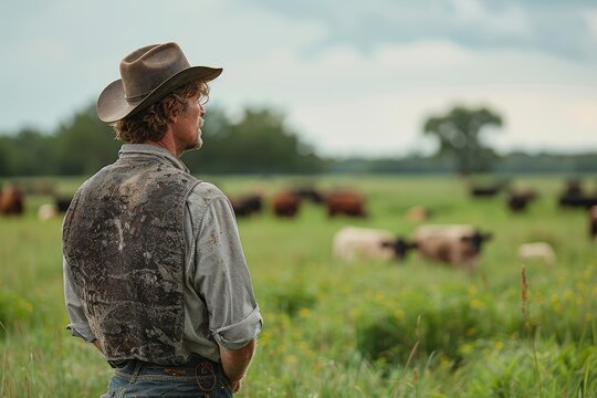 Man in a grey shirt and a cowboy hat looks at distant cattle on a hazy day, depicting life on the farm