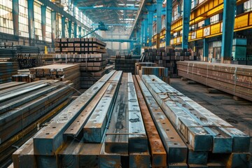 Metal blanks in the Ferrous metallurgy factory warehouse - obrazy, fototapety, plakaty