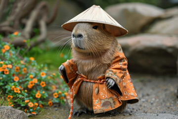 Obraz premium Capybara wearing a non la hat