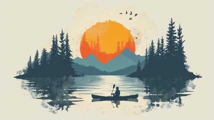 Vintage poster of man kayaking in water with mountain forest and sun.