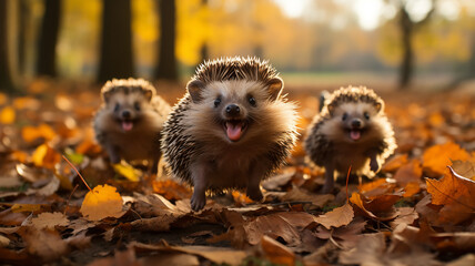 family group of hedgehogs posing in the autumn forest, community collective wildlife leaf fall in October - obrazy, fototapety, plakaty