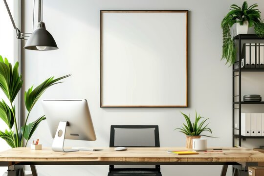 mockup of a blank empty picture frame in a bohemien office space