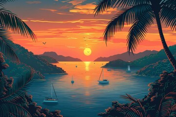 The beautiful tropical summer island in Phuket Thailand seamless pattern modern illustration can be used in fashion, fabric, textiles, wallpaper, wrapping and any printed medium. - obrazy, fototapety, plakaty